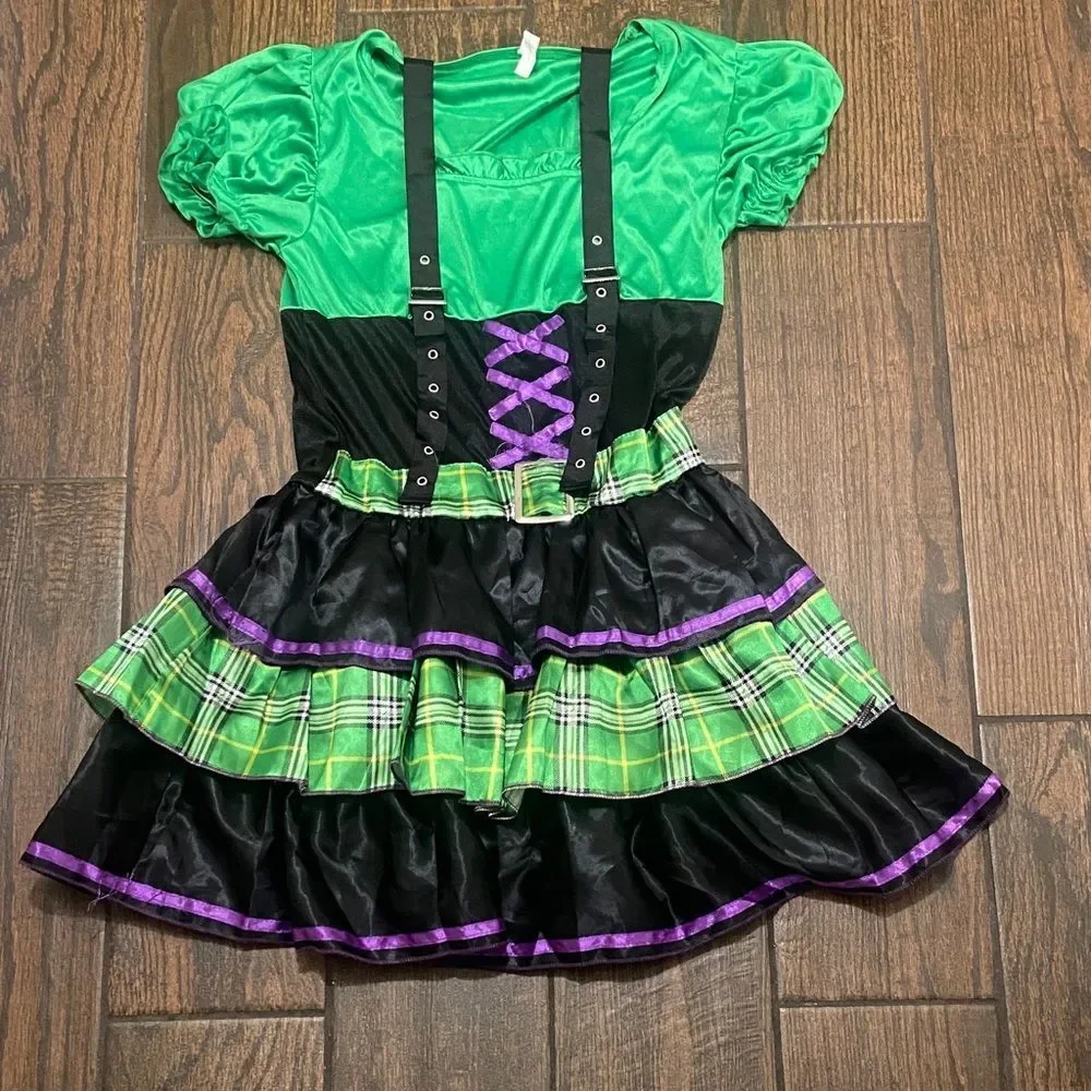 Vibrant Green and Black Kids Costume Dress with Purple Accents Size M7-8 Junior